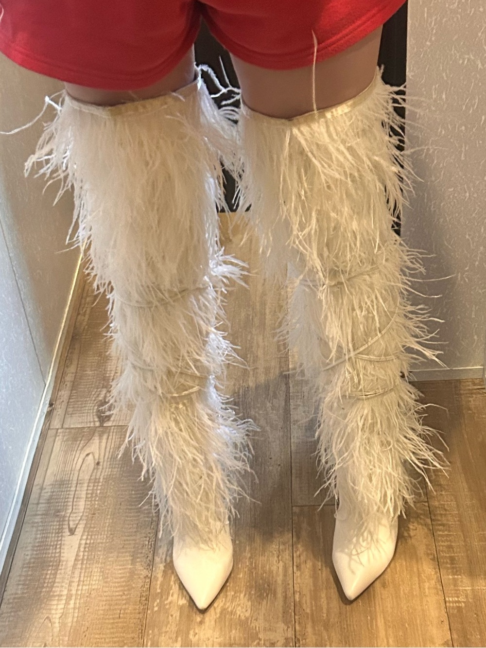 Dollskill white  feather thigh high boots fur boots sz 7